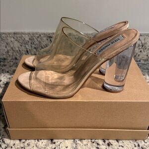 Steve Madden Nude and Clear Lucite Block Heel Mules